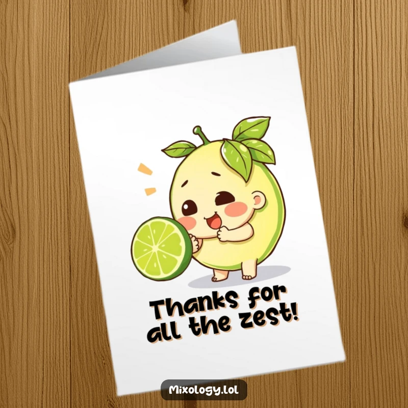 Funny Free Printable thank you card of a character with determined effort squeezing a lime. Downloadable appreciation art.