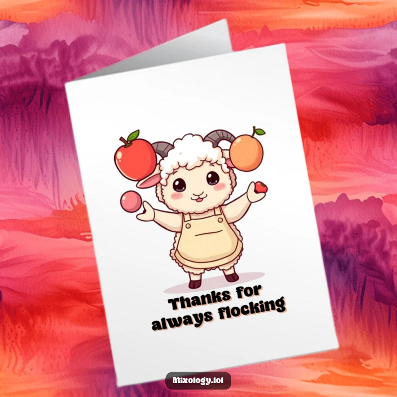 Funny Free Printable Thank You Card: A fluffy sheep in a stylish apron comically juggles three fruits, sending thanks.