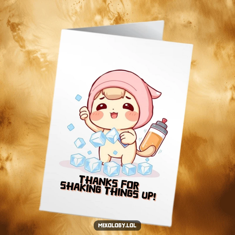 Funny Free Printable Thank You Card: Playful character trying to catch falling ice cubes with a shaker.