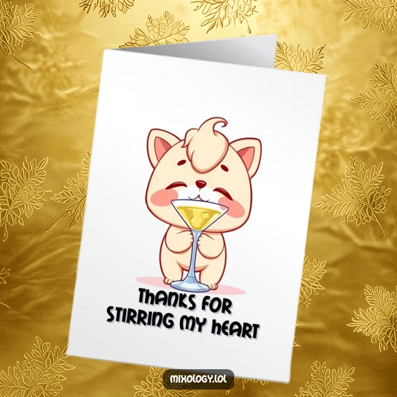 Funny Free Printable Thank You Card: Character balances a cocktail stirrer on their nose with clumsy delight, conveying thanks.