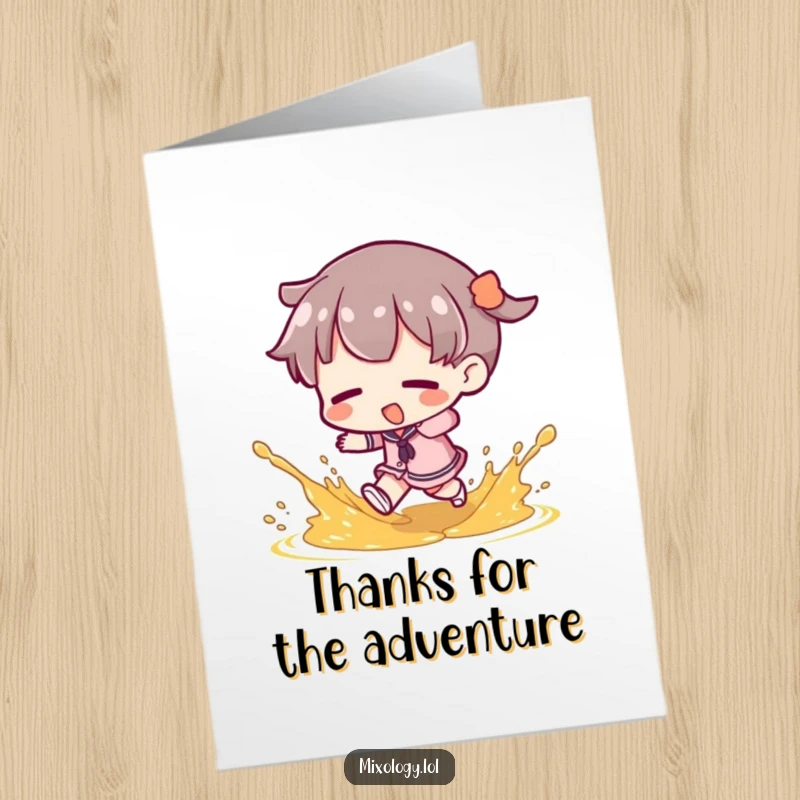Funny free printable thank you card depicting a character tripping, with garnish dramatically splashing in a comical scene.