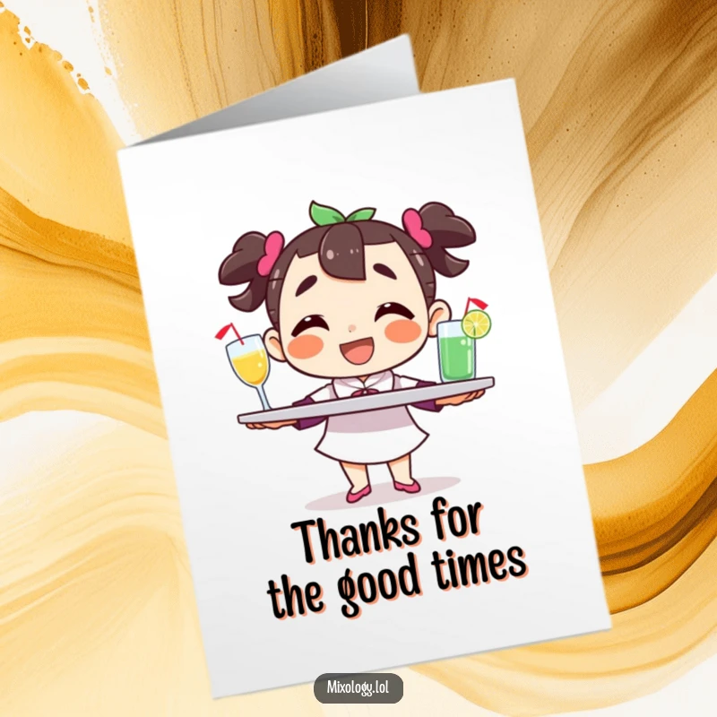 Funny Free Printable Thank You Card: A happy character balances a tray of drinks with a grin, offering thanks.