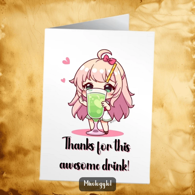 Funny Free Printable Thank You Card: A character proudly presents a fancy beverage with a welcoming gesture.