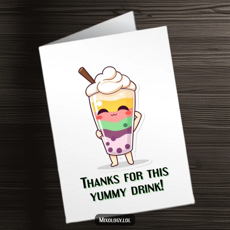 Funny Free Printable Thank You Card: Character proudly holds up a vibrant layered beverage, a refreshing downloadable gift.