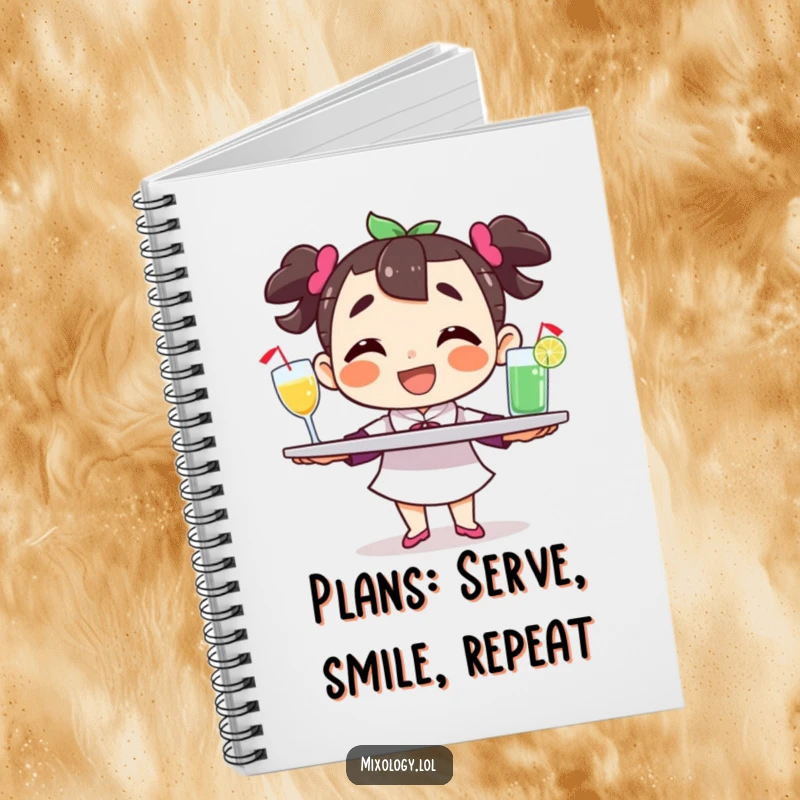 Funny character notebook, balancing a tray of drinks with a grin, perfect for jotting down ideas with organizational flair.