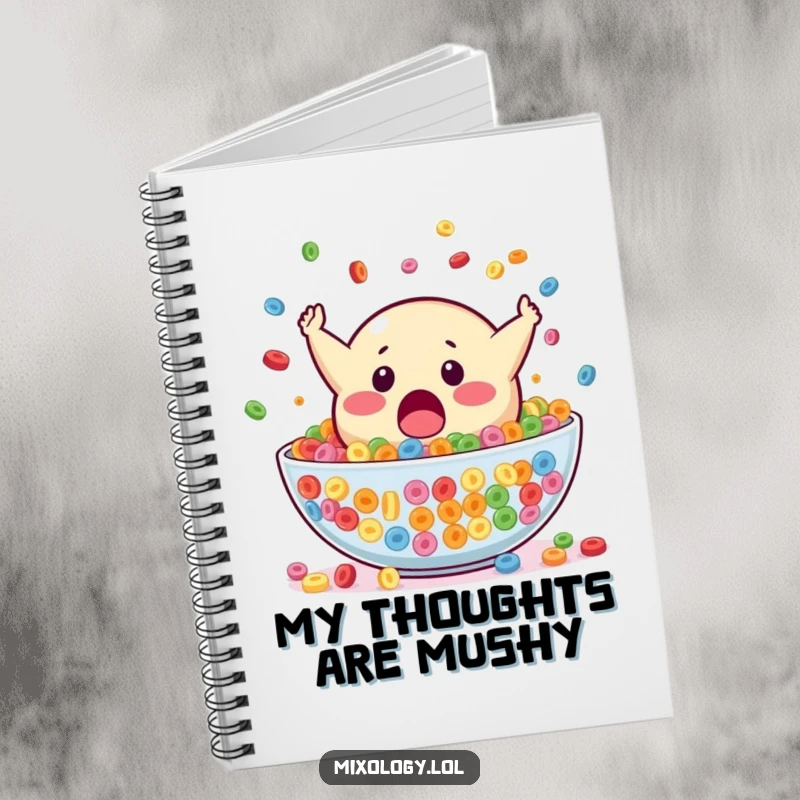 Funny notebook with a surprised blob mascot falling headfirst into a large bowl of colorful cereal, inspiring humorous notes.