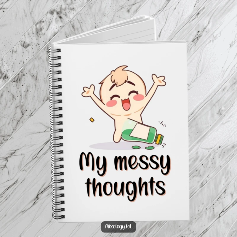Funny notebook with a clumsy character happily flailing their arms after knocking over a bottle, inspiring cheerful note-taking.
