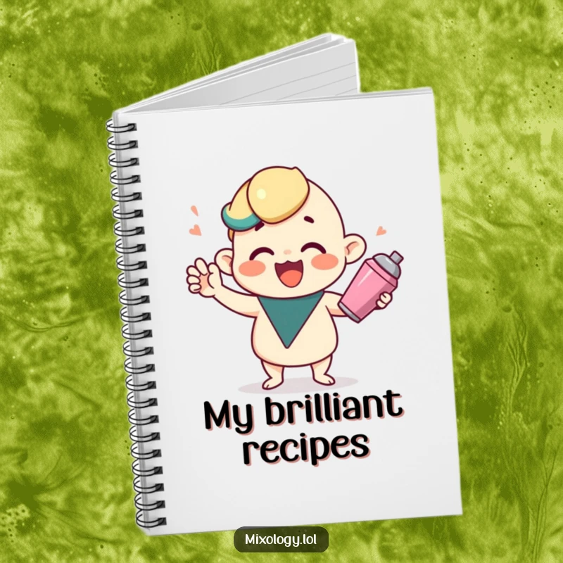 Funny notebook with a cute character shaking a cocktail shaker, ideal for writing notes with joyful party themes.