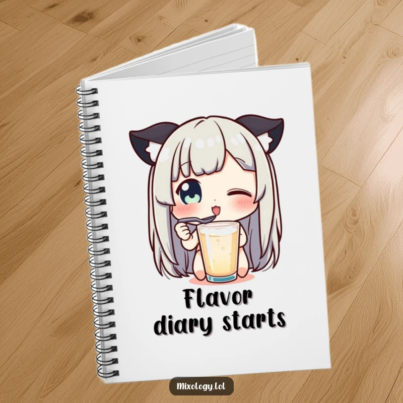 Funny notebook featuring a character's delighted eyes tasting a drink with a tiny spoon, ideal for recording tasty thoughts.