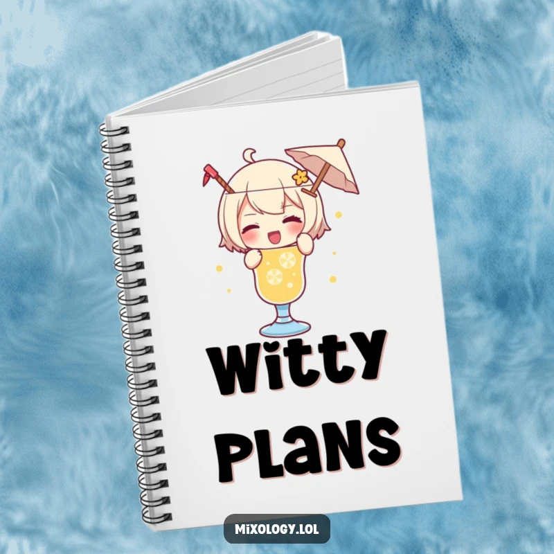 Funny notebook with a character playfully garnishing a drink with a tiny umbrella and a wink, for recording ideas.