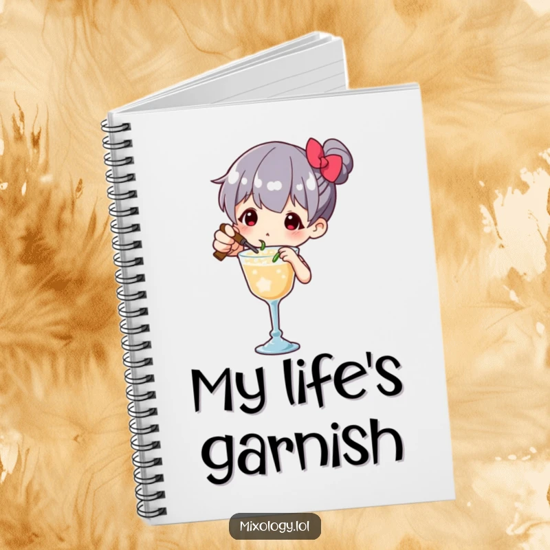 Funny Notebook cover with a character meticulously garnishing a drink with tiny, flourish-filled movements, inspiring creativity.