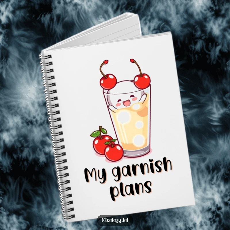 Funny Notebook cover showing a tiny figure happily garnishing a drink, perfect for jotting notes with a touch of whimsy.