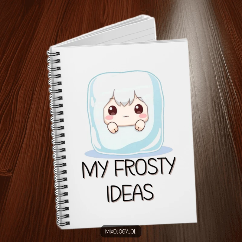 Funny notebook with a character peeking coyly from behind a large ice cube, eyes wide, ready to jot down funny thoughts.
