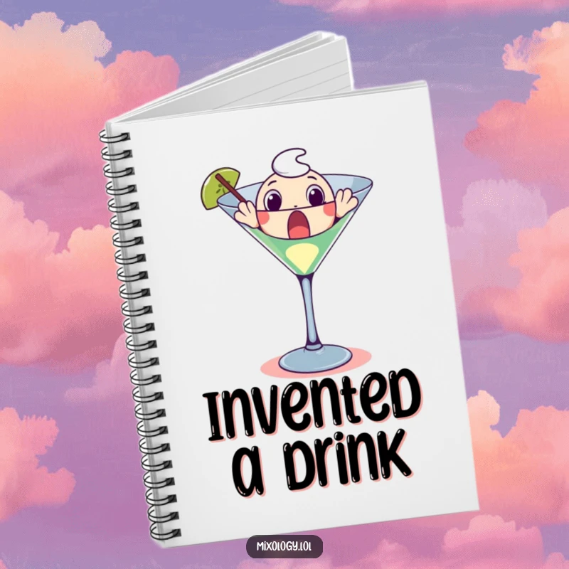 Funny notebook cover with a surprised character emerging from a martini glass, inspiring creative writing and drink ideas.