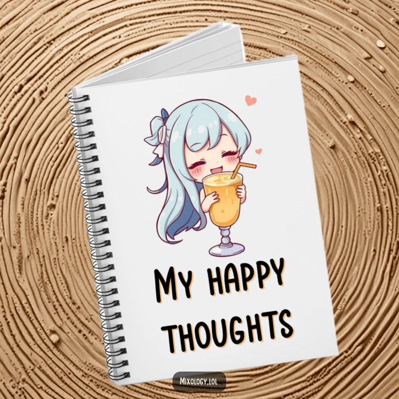 Funny character gracefully swirling a drink with a satisfied sigh on the cover of a lined notebook.