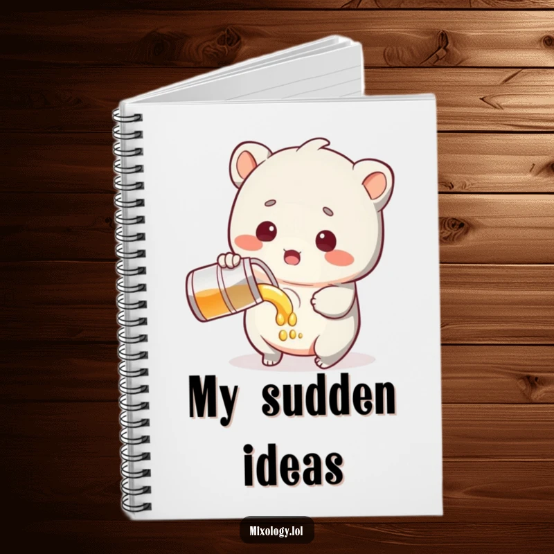 Funny Notebook cover with a sweet creature looking surprised while pouring liquid, perfect for jotting notes with a touch of humor.