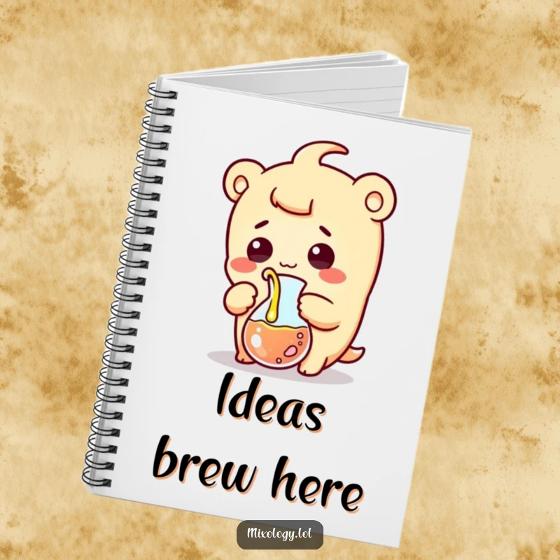 Funny notebook cover with a surprised kawaii scientist character comically pouring liquid from a beaker, designed for humorous note-taking.