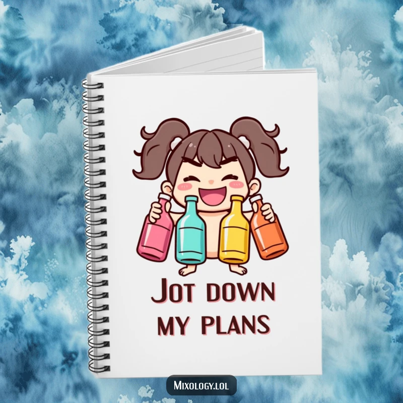 Funny notebook with a mischievous character juggling bottles, perfect for notes, journaling, or brainstorming creative ideas with energy.