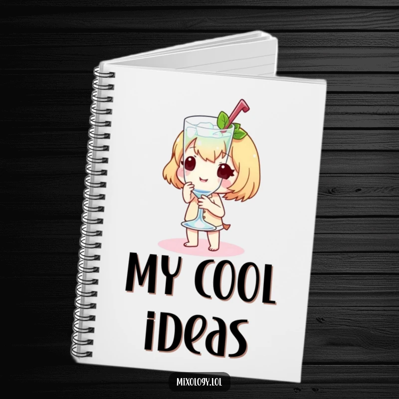 Funny Notebook featuring a sweet little character presenting a chilled glass with a flourish, perfect for jotting notes.