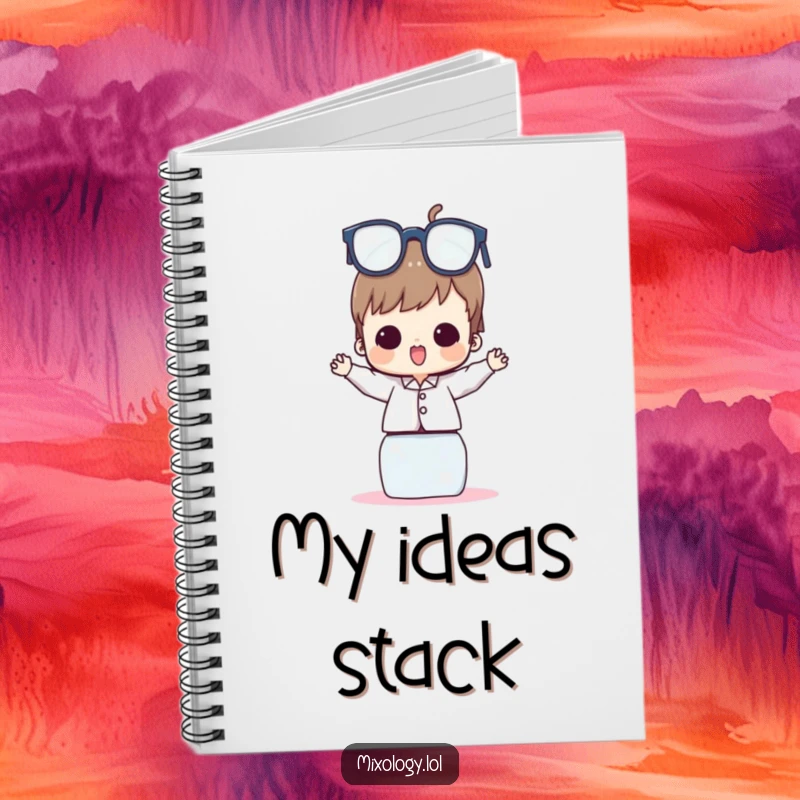Funny Notebook with a character balancing a pyramid of glasses, ideal for jotting down thoughts and to-do lists.