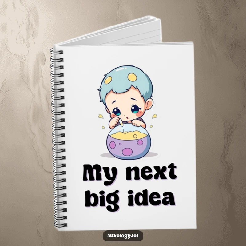 Funny notebook with a curious character intently observing a bubbling, mysterious concoction, ideal for journaling discoveries.
