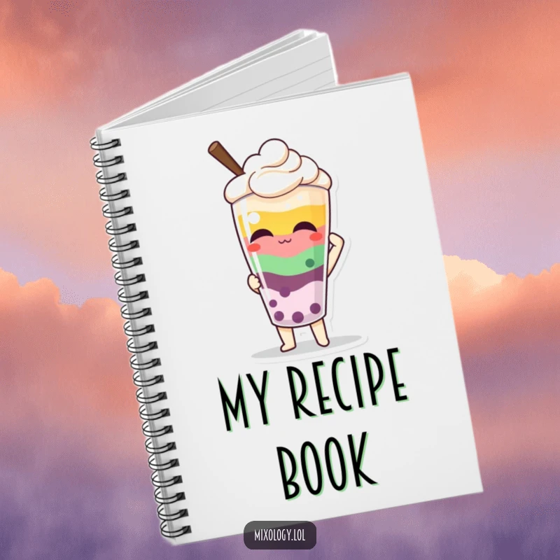 Funny notebook cover with a character proudly presenting a colorful, layered beverage, ideal for jotting down drink ideas.