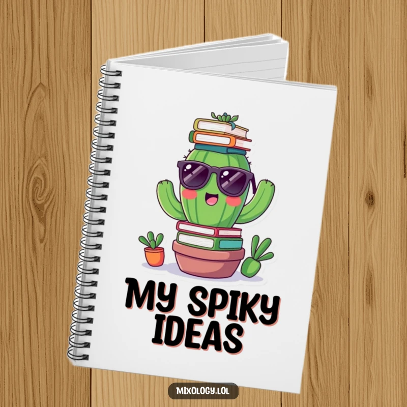 Funny notebook with a cheerful cactus wearing tiny sunglasses, balancing books on its head, inspiring humorous notes.