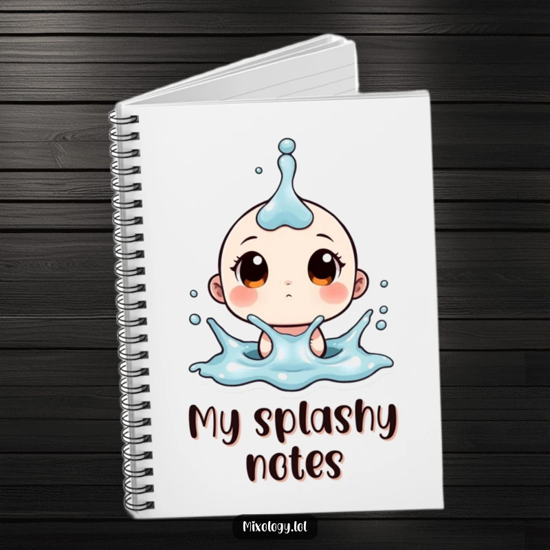 Funny notebook with a tiny character wide-eyed at an upward splash, perfect for jotting down energetic ideas.