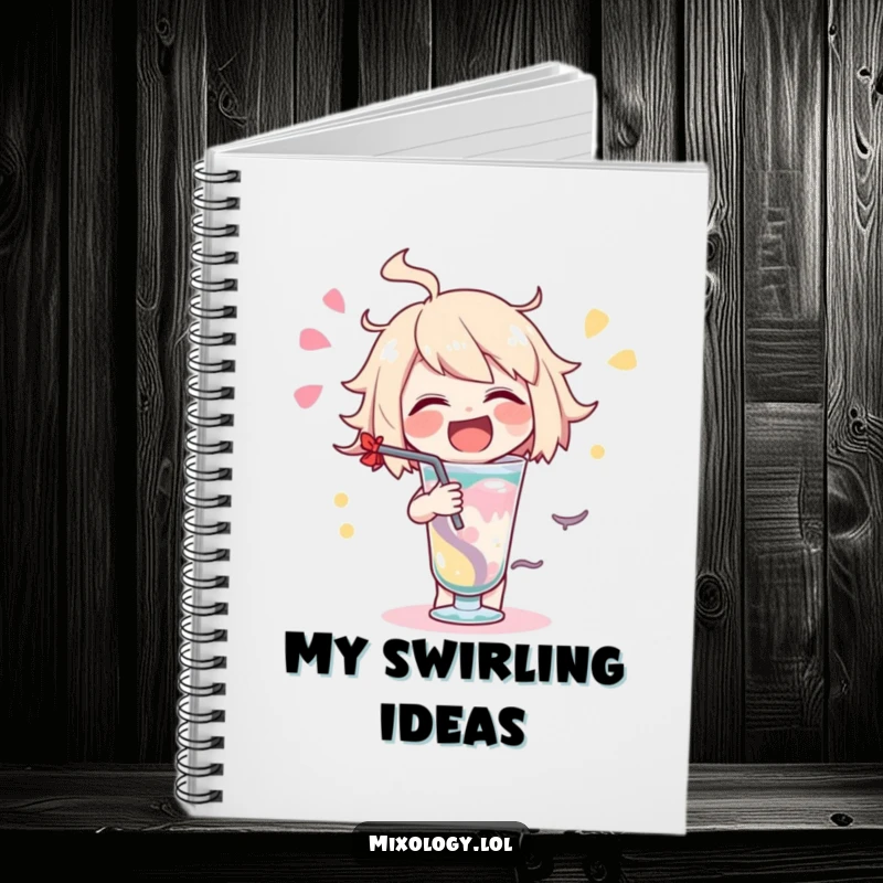 Funny delighted character notebook featuring a character swirling a drink, encouraging creative writing.