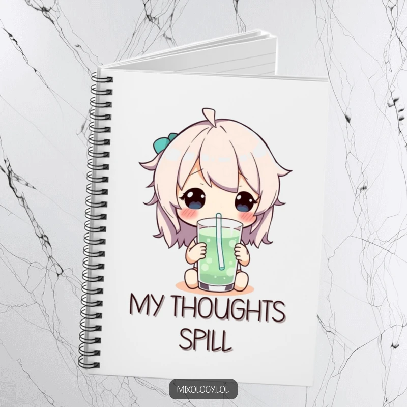 Funny Notebook with a character mischievously sipping from a whimsical straw, decorated with fun patterns for note-taking.