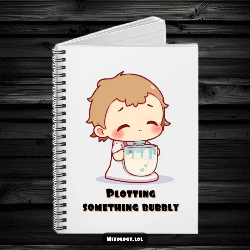 Funny notebook with a curious character intently looking at a bubbling mixer, inspiring thoughtful note-taking.