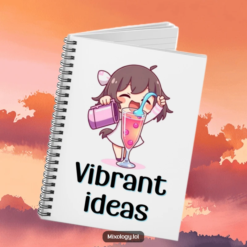 Funny notebook with a character excitedly pouring a vibrant liquid into a tall glass, for recording creative ideas.