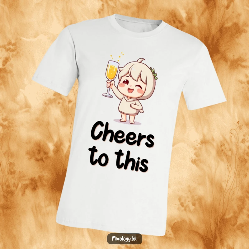 Funny T-Shirt: Joyful character toasting with a sparkling beverage, perfect for spreading celebration.