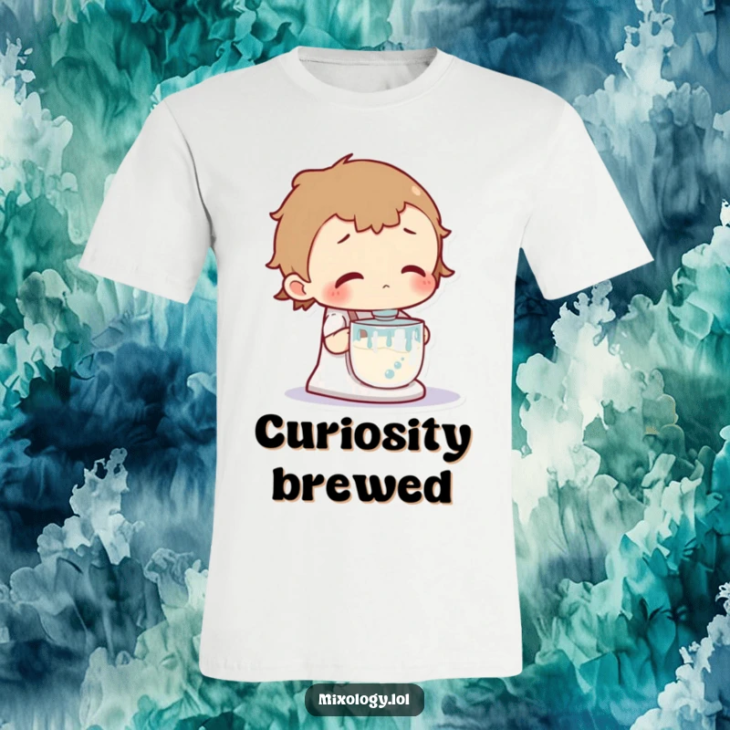 Funny t-shirt depicting a curious character intently observing a vigorously bubbling mixer, pondering its mysterious contents.