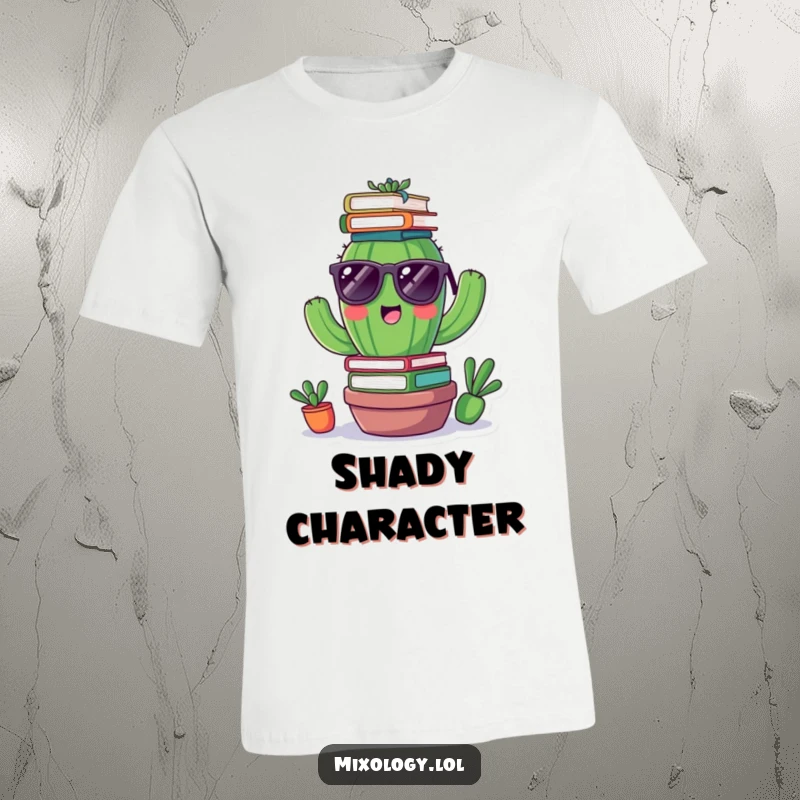 Funny t-shirt with a cheerful cactus in tiny sunglasses balancing a stack of books on its head, representing cool, studious vibes.