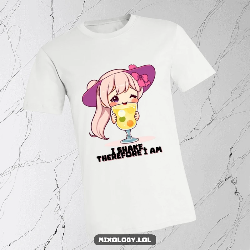 Funny T-Shirt: Cheerful character proudly displaying a fancy cocktail, embodying mixology passion and making a fantastic funny gift.