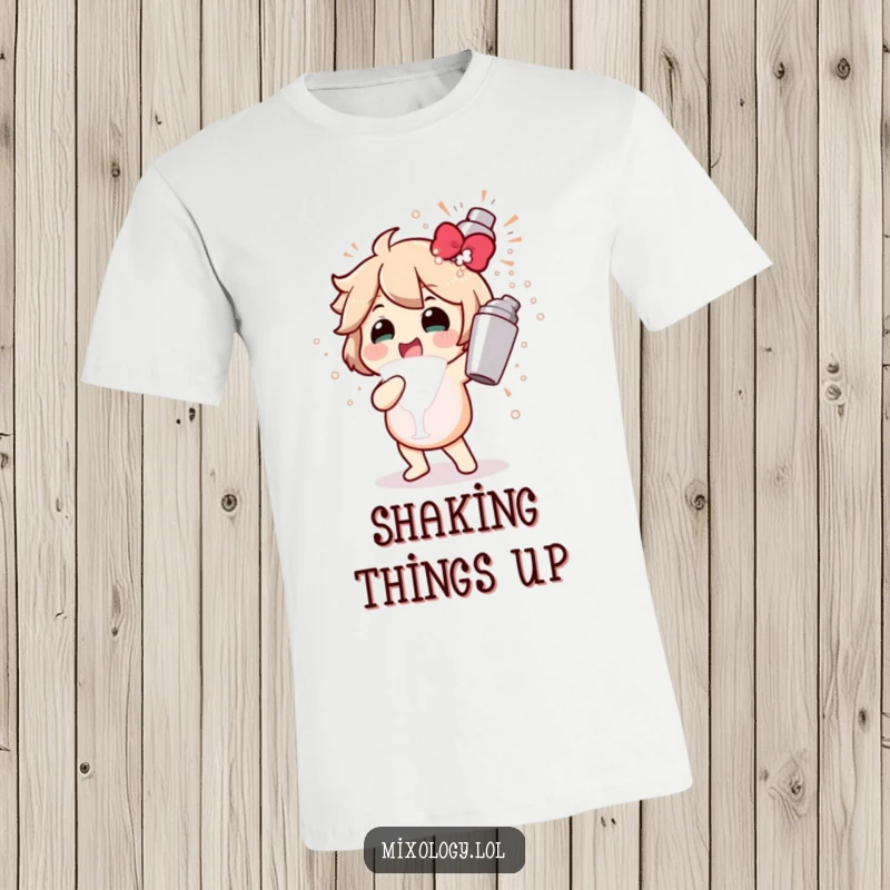 Funny t-shirt depicting a character gleefully shaking a cocktail shaker, unleashing a vibrant, bubbly explosion of party energy.