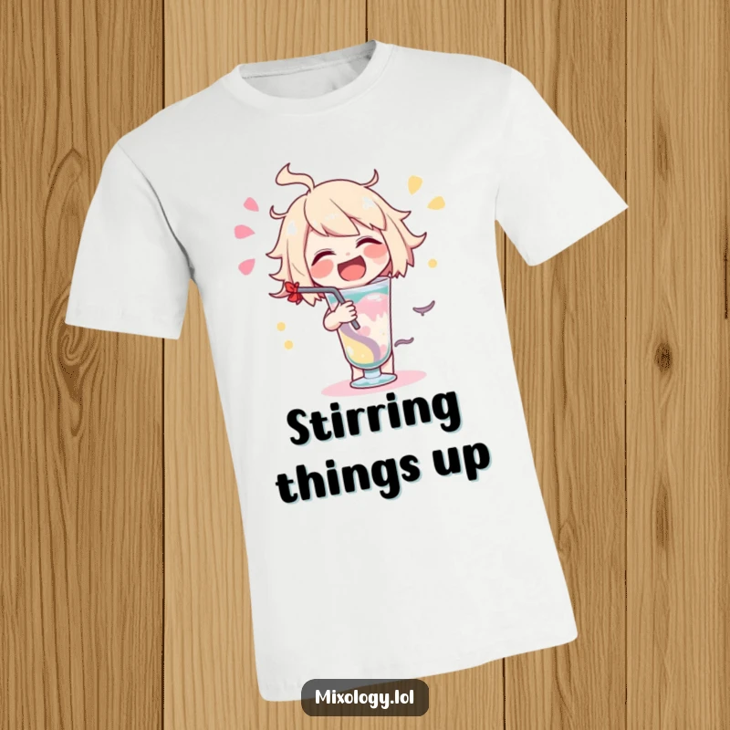Funny delighted character t-shirt featuring a character stirring a drink with an exaggerated swirl.