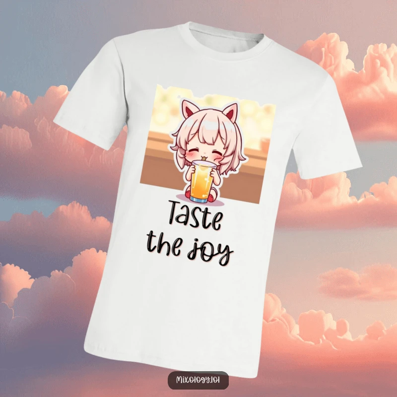 Funny t-shirt featuring a cute character with a look of pure delight while tasting a beverage, exuding happiness.