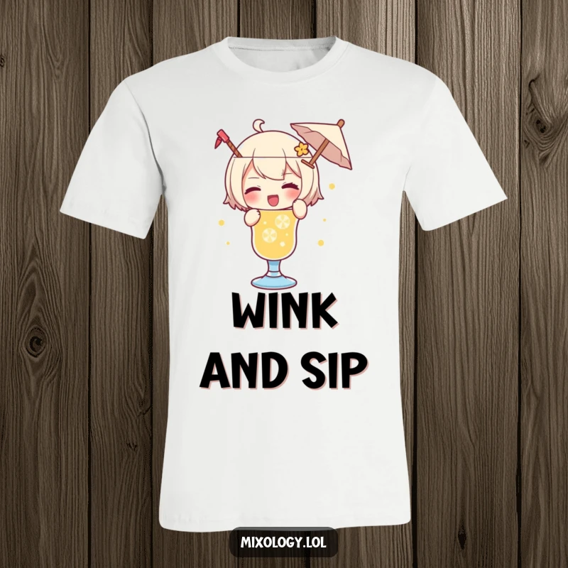 Funny t-shirt displaying a character playfully adding a tiny umbrella to a drink and giving a knowing wink.