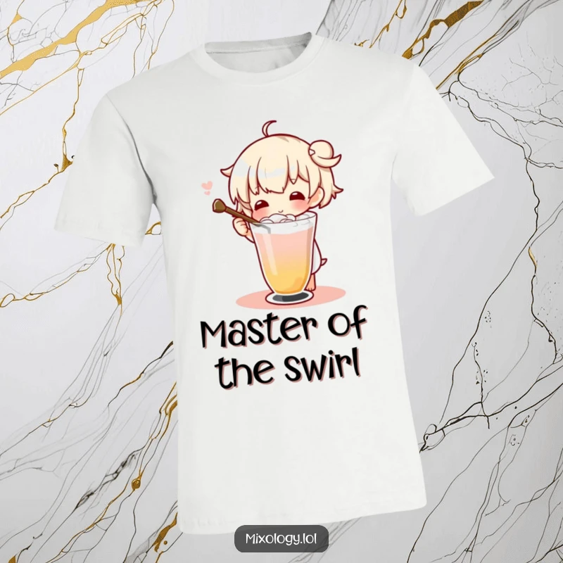 Funny character using a long stirrer to artfully twirl a drink, epitomizing smooth cocktail preparation on a t-shirt.