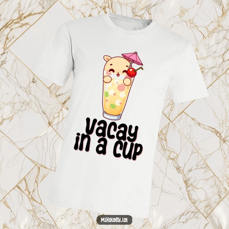 Funny t-shirt with a curious character adding a tiny umbrella and cherry to a drink, ideal for mixologists and detail lovers.