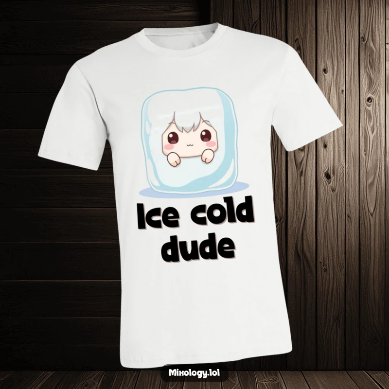Funny t-shirt featuring a character hiding behind a large ice cube, peeking out with exaggeratedly wide eyes in a comical stealth pose.