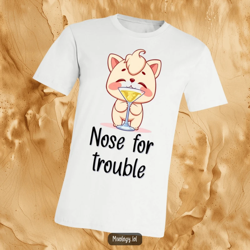 Funny t-shirt showing a character with clumsy delight, precariously balancing a cocktail stirrer on their nose, mid-wobble.