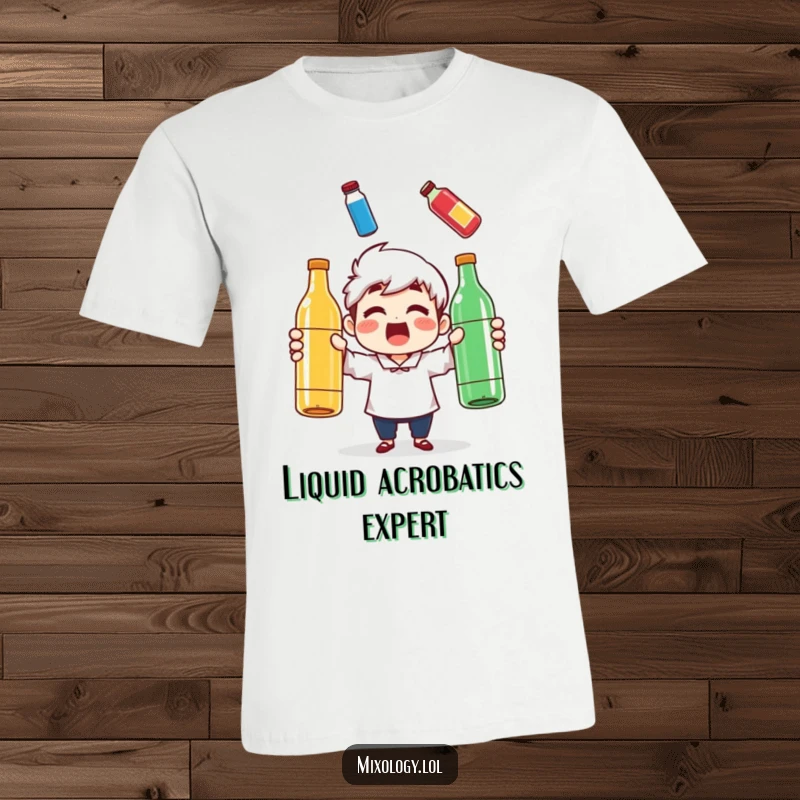 Funny t-shirt with a character's surprised grin, juggling three colorful bottles mid-air, a perfect humorous present.