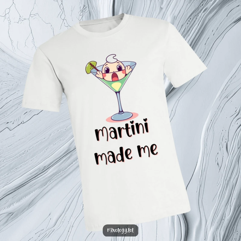 Funny t-shirt graphic of a surprised character popping out of a large martini glass, complete with a garnish.