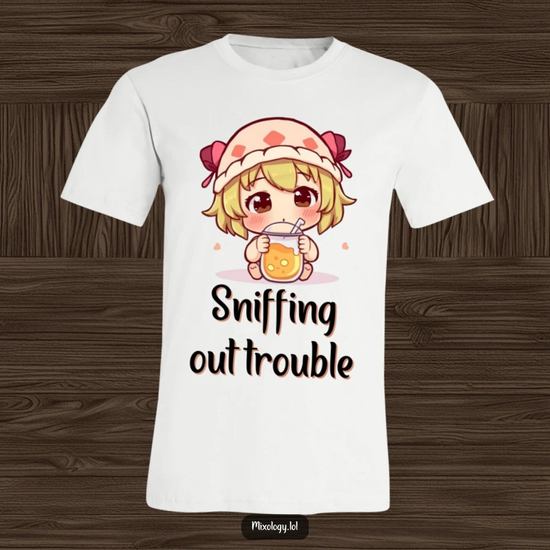 Funny T-Shirt showing a character curiously sniffing a mysterious concoction with an intrigued expression, highlighting exploration.