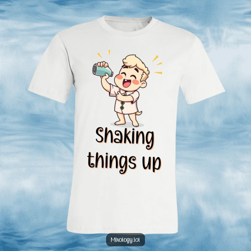 Funny T-Shirt: Energetic person vigorously shaking a cocktail mixer, showcasing their bartending skills with flair.