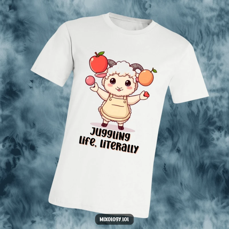 Funny t-shirt with a fluffy sheep wearing a stylish apron, comically juggling three different fruits, representing playful kitchen tasks.