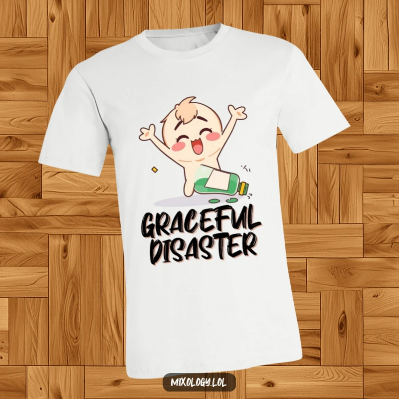 Funny t-shirt showing a clumsy character with arms flailing happily after accidentally knocking over a bottle, embracing the chaos.